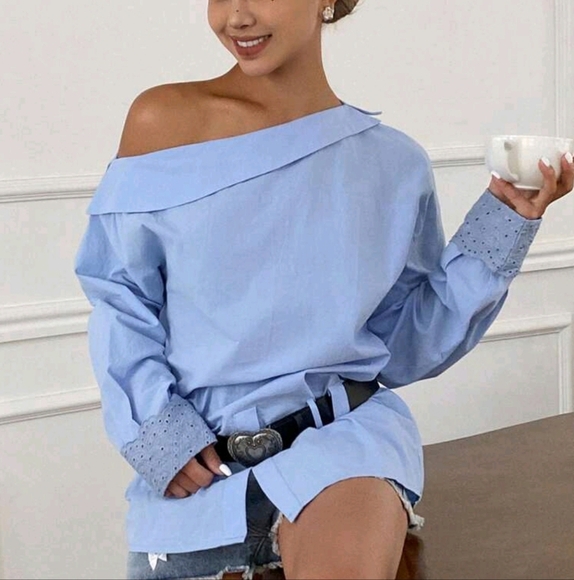 Women Elegant Casual Asymmetrical Shoulder Long Sleeve Belted Splice Cuff Blouse - Picture 3 of 4